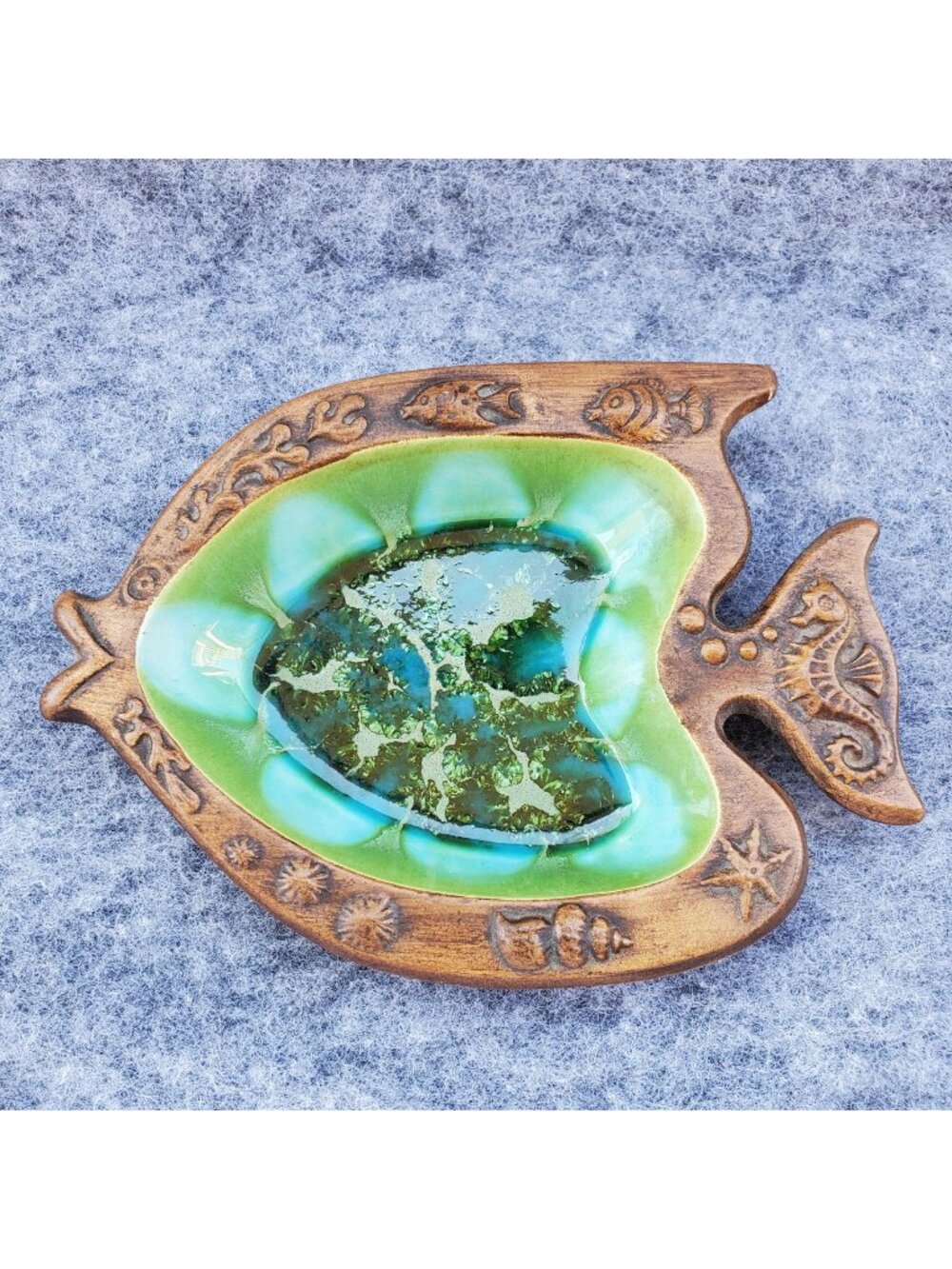 VTG Kitsch Treasure Craft Fish Shaped Trinket Dish Green Glaze Finish MCM Ocean